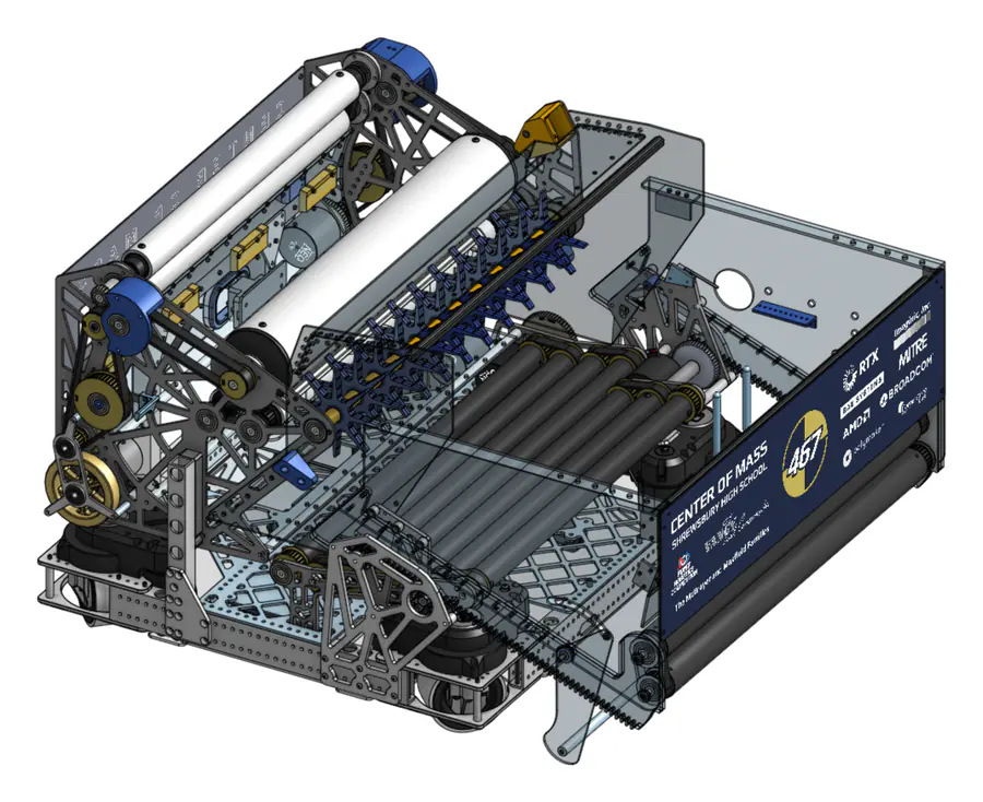 CAD model of the V2 robot with its intake extended out of the frame