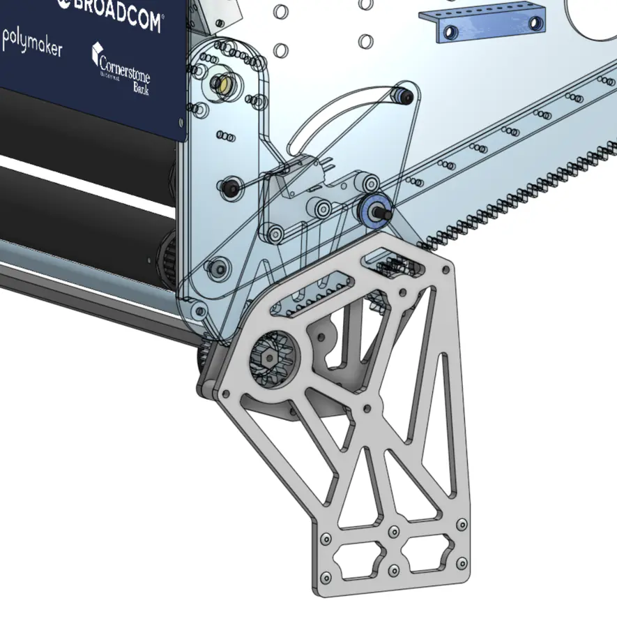Close-up CAD view of the V2 intake’s side plate and mounting bracket