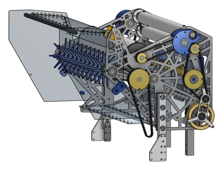 CAD model of the V2 shooter assembly from the front