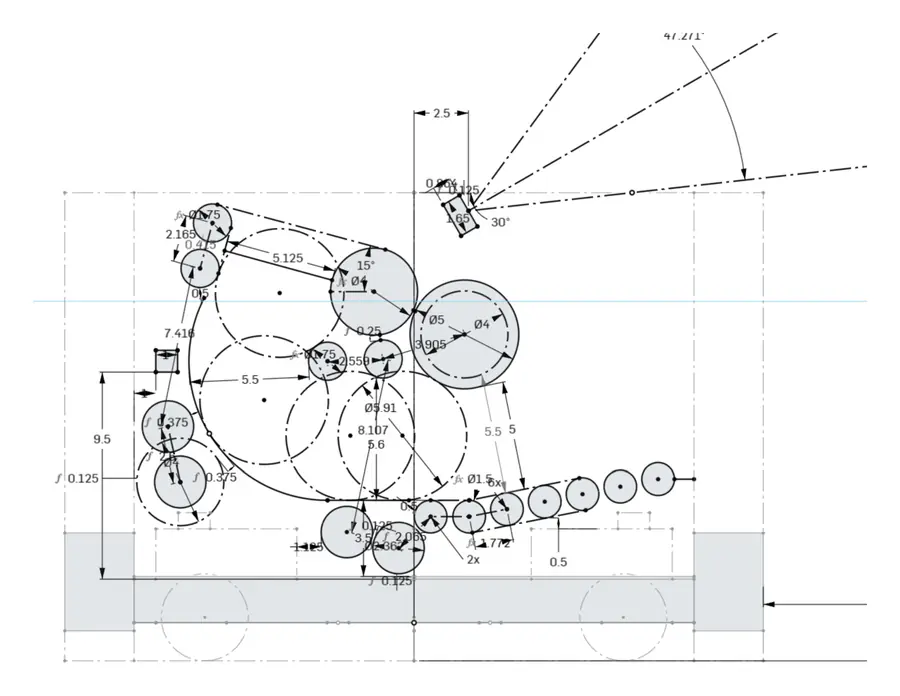 Dimensioned 2D master sketch of the V2 shooter and indexer, including the launch angle